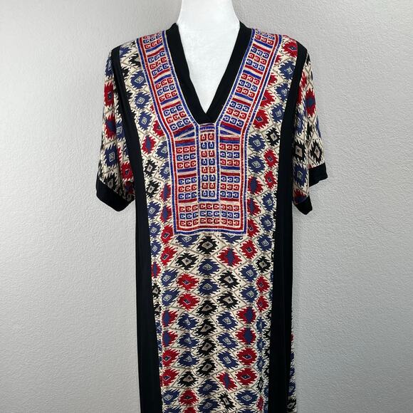 ALM Black Multi Abstract Embroidered V-Neck Boho Ethnic Kaftan Maxi Dress Large - Picture 4 of 13